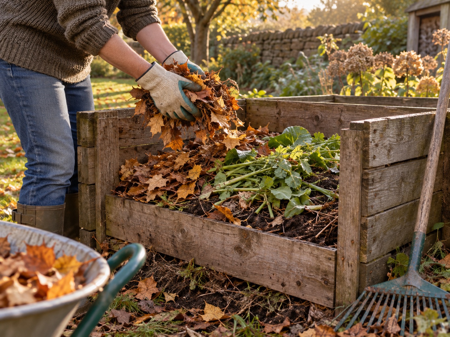 Gardener layering autumn leaves and green cuttings in a wooden compost bay