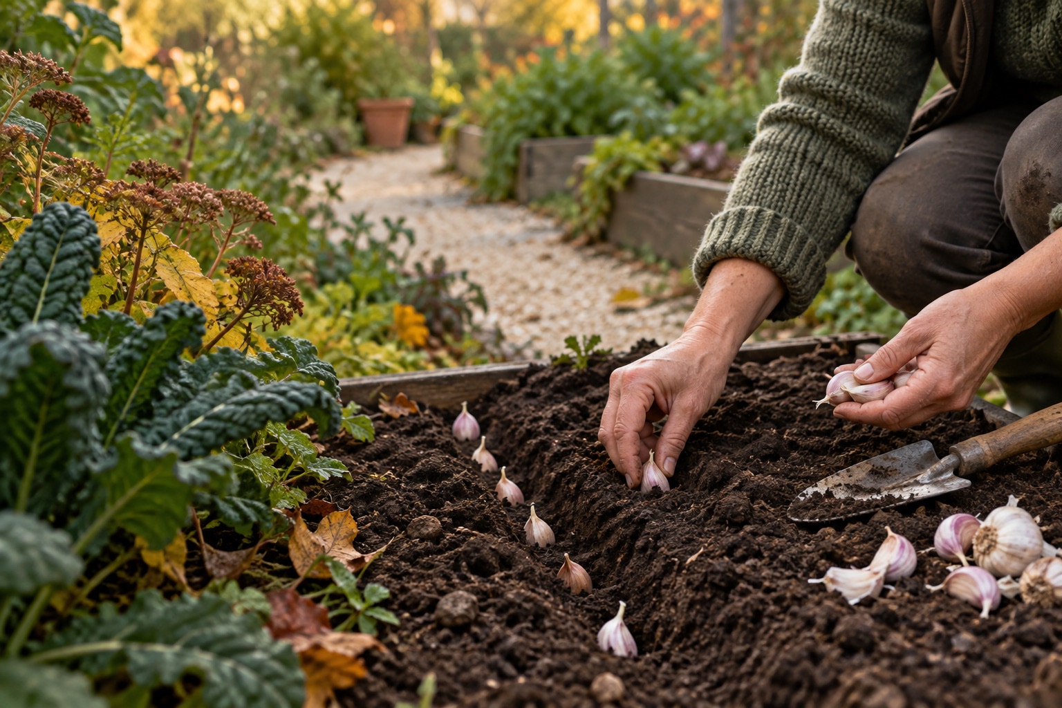 Gardener planting garlic cloves in an autumn kitchen garden