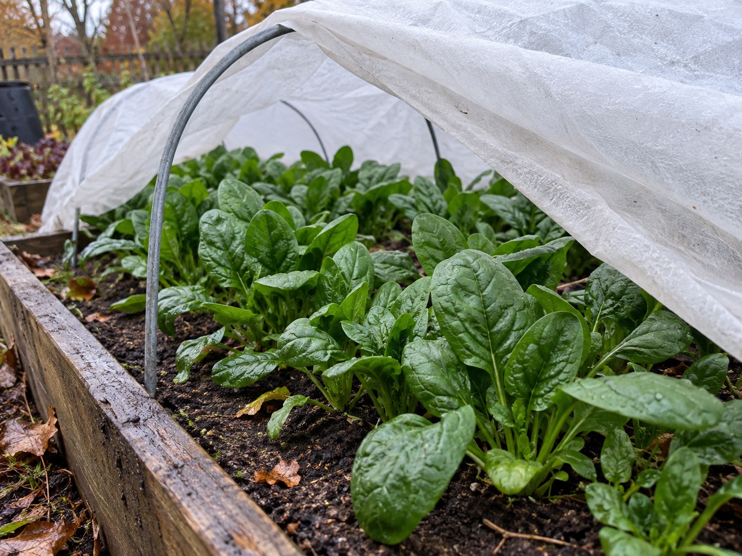 Spinach growing beneath a lifted row cover in an autumn raised bed